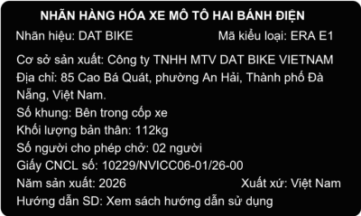 Nhãn hàng hóa xe mô tô hai bánh điện Dat Bike ERA E1