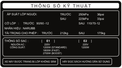 Nhãn thông số kỹ thuật Dat Bike ERA E1 và ERA E2